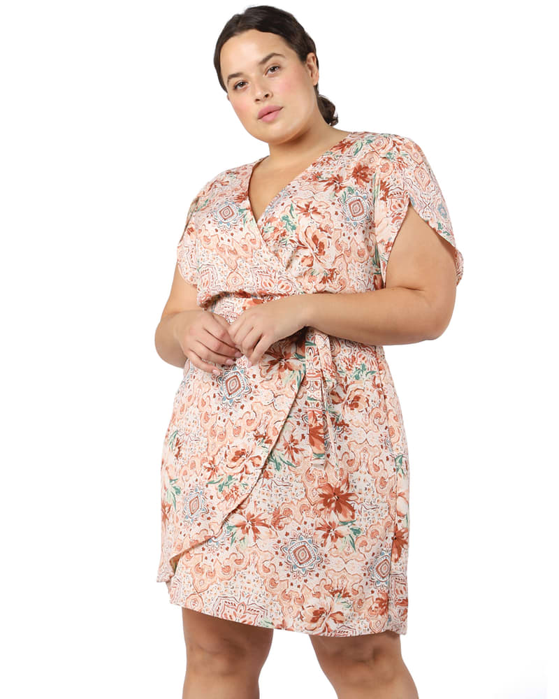 Plus size model wearing Nefeli Flutter Sleeve Printed Wrap Dress by DEX PLUS | Dia&Co | dia_product_style_image_id:203020